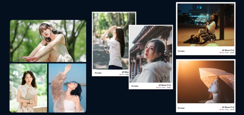 A collage of photos featuring five different women. The settings include a lush green area, an urban backdrop, a traditional building, and atmospheric lighting. Each woman strikes a unique pose, showcasing diverse expressions and styles.