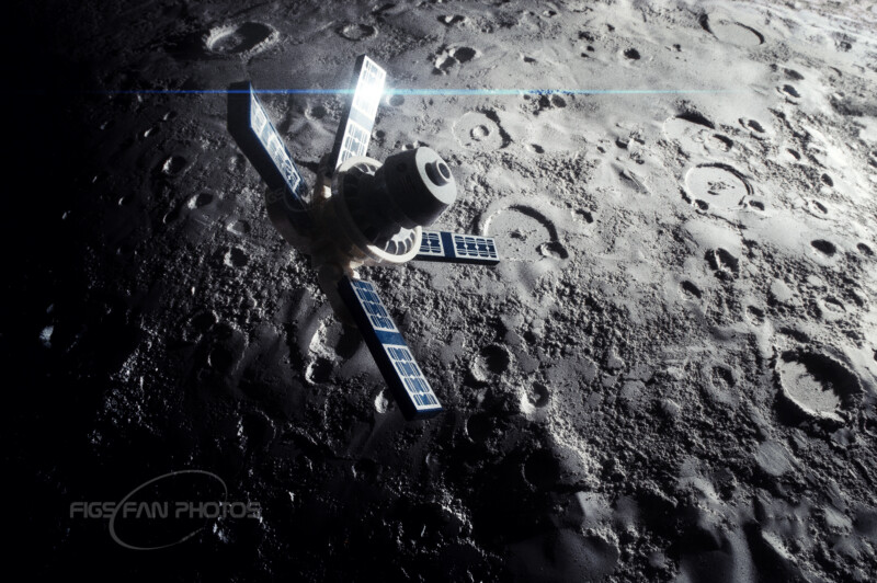 An artificial satellite with solar panels orbits above a cratered, rocky surface of the moon, with a faint blue line visible in the background. The image is marked with a watermark "FIGSFAN PHOTOS" on the left side. .