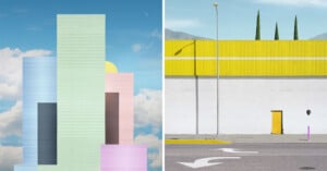A surreal image split in two. Left: Abstract, pastel-colored buildings against a cloudy sky with a crescent moon. Right: Minimalist cityscape with a yellow-and-white building, two trees, yellow sidewalk, streetlamp, and road with white arrows.