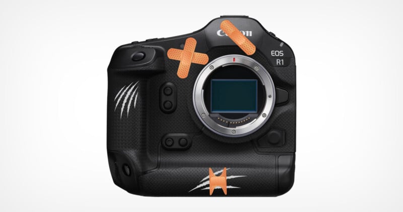 A Canon EOS R1 camera is shown with several cartoonish band-aids and scratch marks on its body, indicating it has been through some wear and tear. The camera is displayed against a plain white background.