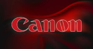 The image displays the Canon logo, featuring the word "Canon" in red letters with a white outline against a dark red and black gradient background. The letter "o" is stylized as a camera lens.