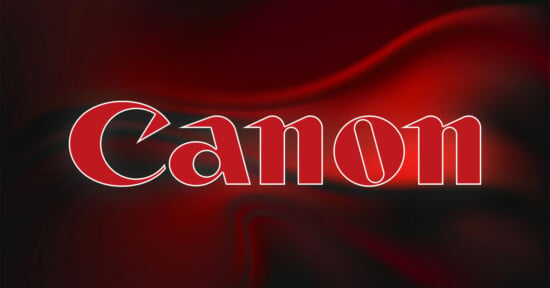 The image displays the Canon logo, featuring the word "Canon" in red letters with a white outline against a dark red and black gradient background. The letter "o" is stylized as a camera lens.