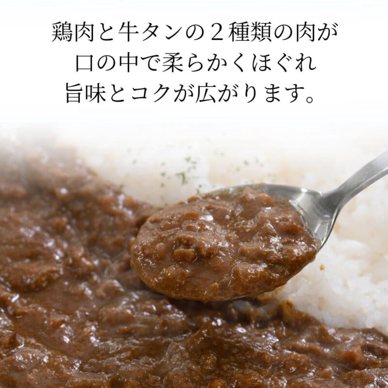 A spoonful of curry with visible chunks of meat hovers over a plate of rice. The background text in Japanese translates to: "A delicious and rich taste spreads in your mouth with soft, tender chicken and beef tongue.