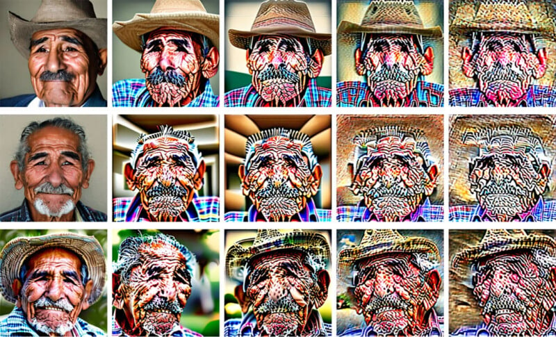 A series of eighteen portraits of an elderly man wearing a hat displays a blend of traditional and abstract art styles. The first portrait begins with a realistic depiction, gradually transitioning to vibrant and highly stylized patterns in the subsequent images.