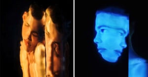 Two abstract portraits of a person's face. The left side shows a warm-toned, distorted image with multiple reflections. The right side features a cool-toned, blue-hued face with a similar distortion effect. Both images create an ethereal, dream-like visual experience.