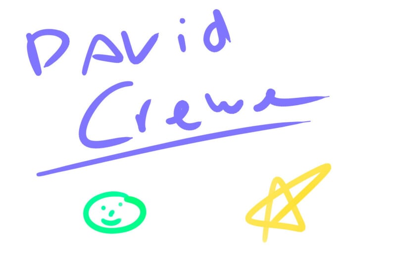 A hand-drawn image featuring the text "David Crewe" written in purple. Below the text is a green smiley face and a yellow star, both drawn in a simple, playful style on a white background.