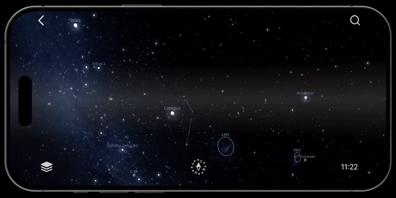 A smartphone screen displaying a stargazing app. The app shows a star-filled night sky with labeled celestial objects, including Sirius, Canopus, and Achernar. Icons for app navigation and settings are visible at the bottom, and the time 11:22 is displayed.