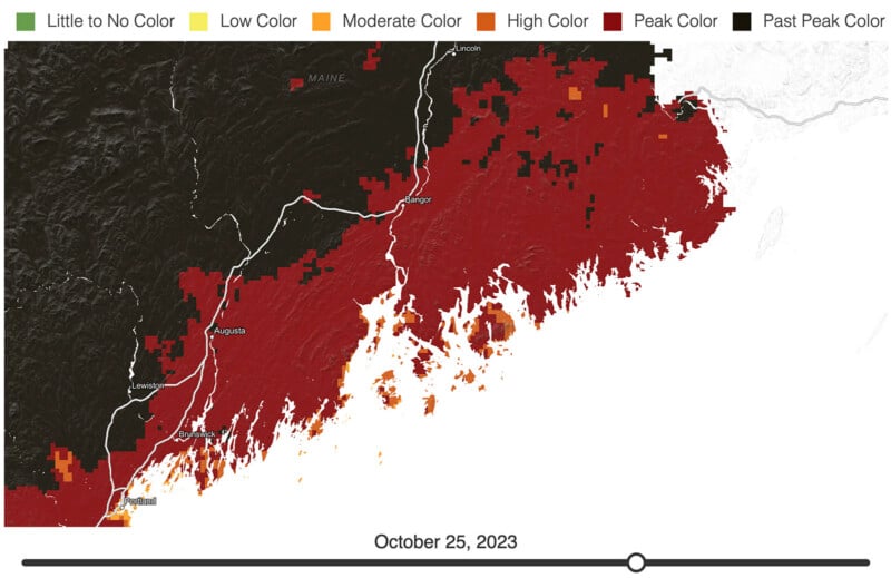 A fall foliage map of Maine dated October 25, 2023, displaying color changes. The majority of the eastern parts, including Bangor and Augusta, show peak color, marked in red. Areas in the northwest primarily show past peak color, marked in black.