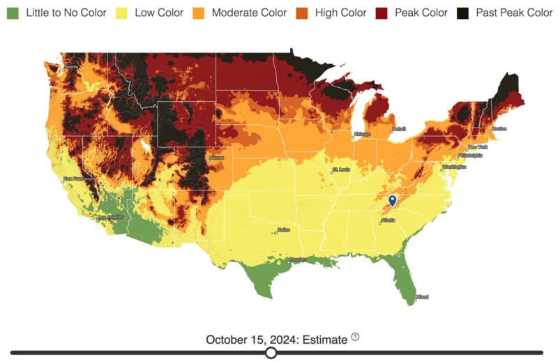 A map of the United States with regions color-coded to indicate fall foliage levels as of October 15, 2024. Colors range from green (little to no color) in the south to red and maroon (peak color and past peak color) in the northern regions.