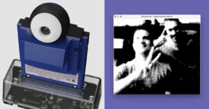 Two images side by side: The left shows a close-up of a blue and black device with a lens on a transparent base labeled "Epilogues". The right shows a grainy, black and white digital image of two people making peace signs, displayed on a computer screen.