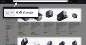 Screenshot of an Amazon search results page displaying GaN chargers. The search term "GaN charger" is highlighted in the search bar, and various GaN chargers from different brands are shown with their prices, ratings, and Prime availability.