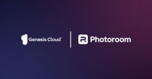 A dark gradient background with the Genesis Cloud logo and text on the left, and the Photoroom logo and text on the right, separated by a vertical white line.