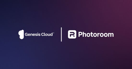 A dark gradient background with the Genesis Cloud logo and text on the left, and the Photoroom logo and text on the right, separated by a vertical white line.