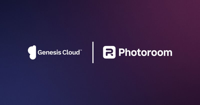 A dark gradient background with the Genesis Cloud logo and text on the left, and the Photoroom logo and text on the right, separated by a vertical white line.