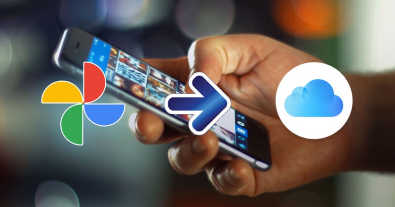 A hand holding a smartphone displaying thumbnail photos on the screen. Overlaid on the image are the Google Photos logo on the left, a rightward arrow in the center, and the Apple iCloud logo on the right, indicating a transfer of photos from Google Photos to iCloud.