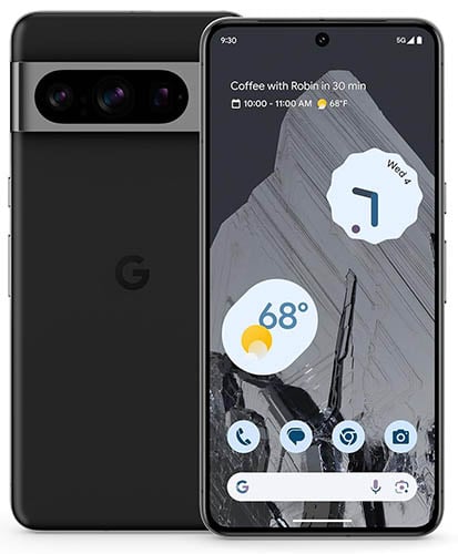 A smartphone with a sleek black design is shown from the back and front. The back features a prominent camera bar. The front display shows various app icons, a weather widget displaying "68°F" and a notification for a meeting labeled "Coffee with Robin.