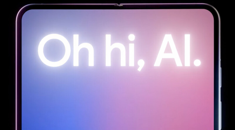 A smartphone screen displaying the text "Oh hi, AI." in large white font. The background of the screen is a gradient that transitions from blue at the bottom to pink at the top. The edges of the phone are visible along the top and right side.