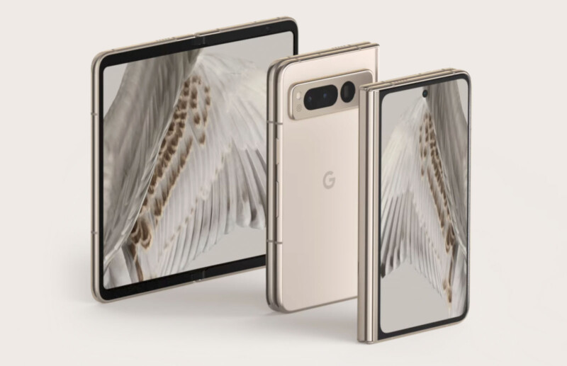 A foldable smartphone is displayed in three views: fully open as a tablet, partially closed showing its inner flexible screen, and closed showing the back with a camera array and the front outer screen featuring a wallpaper of white bird feathers. The Google logo is visible on the back.