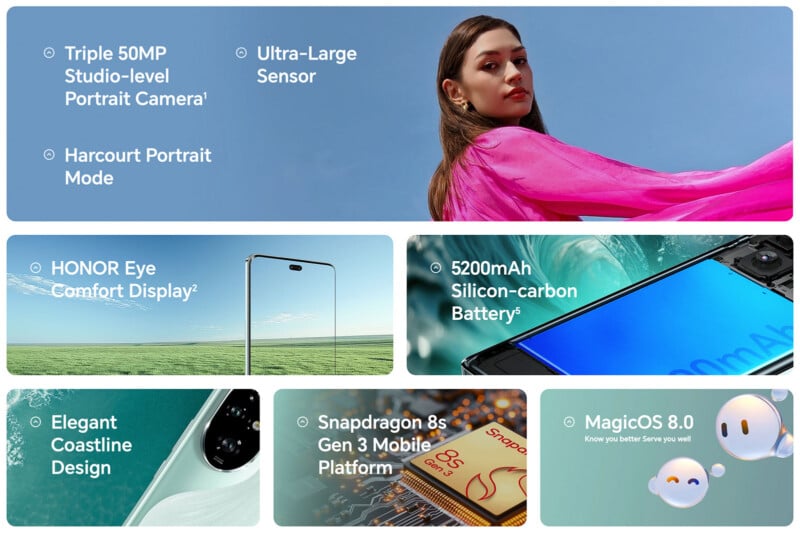 Un collage d'images et de texte présentant les caractéristiques d'un smartphone. Les principales caractéristiques comprennent : un triple appareil photo portrait de niveau studio de 50 MP, un capteur ultra-large, un mode portrait Harcourt, un écran HONOR Eye Comfort, une batterie silicium-carbone de 5 200 mAh, un design côtier élégant, une plateforme mobile Snapdragon 8s Gen 3 et MagicOS 8.0. Les images montrent une femme, une partie de l'écran d'un téléphone, un objectif d'appareil photo et une puce électronique.