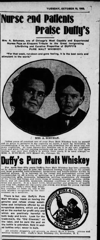 A vintage newspaper clipping from October 10, 1905, promotes Duffy's Pure Malt Whiskey, featuring a testimonial from Mrs. A. Schuman. The text praises the whiskey’s health benefits. Accompanying the article is a portrait of Mrs. Schuman and an image of the product bottle.