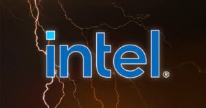 The image features the Intel logo in blue font, centered on a dark background with orange lightning bolts in the background. The lightning bolts create a stark contrast against the black background, highlighting the Intel logo prominently.