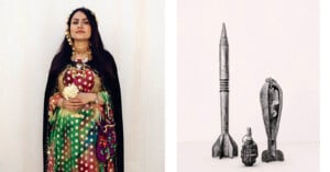 On the left, a woman in a colorful, patterned dress with floral accessories holds a small bouquet. On the right, there are three metal objects: a missile, a hand grenade, and another projectile, all displayed against a plain background.