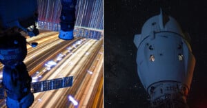 Split image: Left shows a space station module with a vibrant blur of lights below, indicating Earth's surface from space. Right features a close-up of a space capsule's top section against a star-filled night sky.