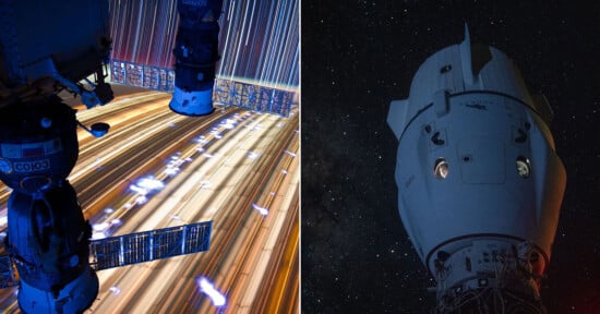 Split image: Left shows a space station module with a vibrant blur of lights below, indicating Earth's surface from space. Right features a close-up of a space capsule's top section against a star-filled night sky.