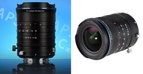 Side-by-side view of camera lenses: the left image shows the Laowa CF 25-100mm f/5.6 zoom cine lens with a blue background, and the right image shows the Laowa 9mm f/2.8 Zero-D lens, angled against a white background.