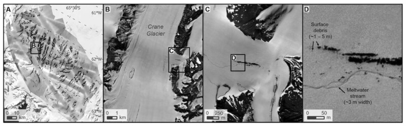 A four-panel image displays satellite photographs of Crane Glacier, with marked boxes for areas of interest. Each panel zooms progressively closer, culminating in the detailed view of surface debris and a meltwater stream in the final panel.