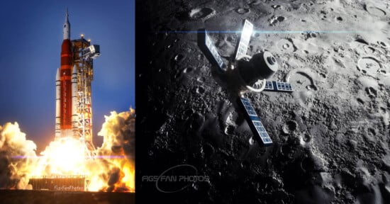 On the left, a rocket is launching with bright flames and smoke. On the right, a space station orbits above a crater-filled lunar surface under a black sky. FigsFanPhotos text appears twice on the image.