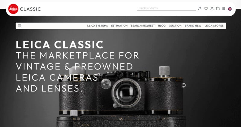Screenshot of the Leica Classic website homepage. The featured image shows a vintage Leica camera and lenses. The heading reads, "LEICA CLASSIC. The marketplace for vintage & preowned Leica cameras and lenses." The navigation bar includes options like Leica Systems, Auction, and more.