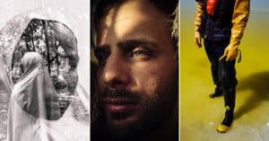 The image is split into three sections: left shows a double exposure of a woman's face and a person in a headscarf; center focuses on a close-up of a man’s face with a beard; right captures a person wearing protective clothing and rubber boots standing in yellow-tinted water.
