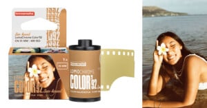 A film canister and its box labeled "Lomography LomoChrome Color '92 ISO 400 35mm" are shown. The box shows a woman smiling, holding a flower by her eye, with clear water and mountains in the background. A larger version of the same photo appears to the right.