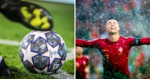 The image is split into two sections. The left side shows a close-up of a soccer ball being kicked on a field. The right side features a soccer player in a red and green uniform, celebrating with arms outstretched in the rain.