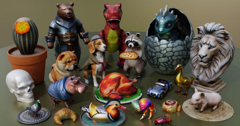 A collection of detailed figurines displayed on a surface. Items include a cactus, bear, T-Rex, dragon emerging from an egg, lion, raccoon with a pizza, dogs, skull, hippo, duck, croissant, pigeon, turkey, turtle, toy car, crab, elephant, and a bird.