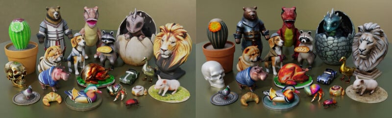 A colorful display of various 3D-printed animal figurines and objects. The collection includes lions, raccoons, a pig, birds, a cacti, and several anthropomorphic animals in costumes. Among them are also food items, beetles, and a skull, all arranged on a green surface.