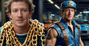 Split image showing the same man in two different settings. On the left, he wears numerous gold chains over a casual shirt. On the right, he is dressed as a mechanic or race car driver with a blue sleeveless uniform and cap, standing in a garage.