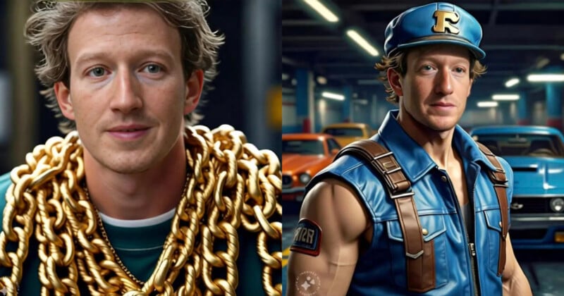 Split image showing the same man in two different settings. On the left, he wears numerous gold chains over a casual shirt. On the right, he is dressed as a mechanic or race car driver with a blue sleeveless uniform and cap, standing in a garage.