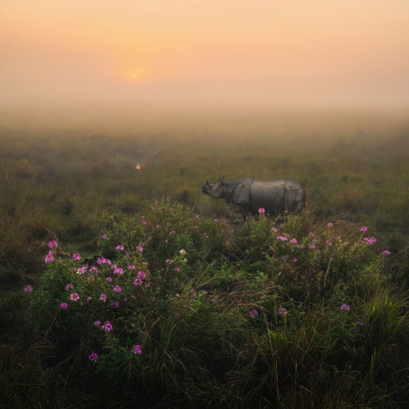 A solitary rhinoceros stands amidst tall grass and blooming pink flowers in a foggy field at dawn. The sun rises in the background, illuminating the hazy sky with a soft orange glow. The scene is serene and tranquil.