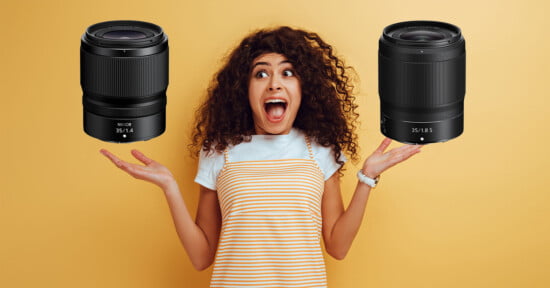 A woman with curly hair and wearing a striped shirt stands in front of a yellow background. She has a surprised expression on her face and is holding her arms out with two camera lenses photoshopped above her hands, labeled "35/1.4" and "35/1.8 S".