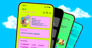 A vibrant smartphone screen displaying a colorful social media profile interface with user information such as age, gender, birthday, relationship status, and interests. The background shows a bright blue sky with clouds. Multiple phone screens are partially visible.