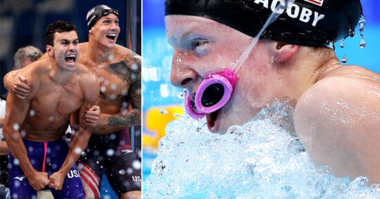 Two swimmers celebrate with outstretched arms, joy apparent on their faces, while wearing USA swim caps. Next to them, a close-up of a swimmer with a determined expression, wearing pink goggles and a black swim cap, emerging from the water.