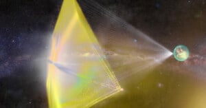 An artist's depiction of a lightsail spacecraft in space, propelled by a beam of light towards a distant planet. The triangular sail glows with a spectrum of colors, casting an ethereal glow amidst a backdrop of stars and cosmic dust.