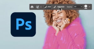 A person wearing a bright pink jacket smiles with their hands on their face. A close-up of Adobe Photoshop's toolbar is superimposed above their head, with the "Opacity" setting being adjusted. The Photoshop logo is also visible on the left side of the image.