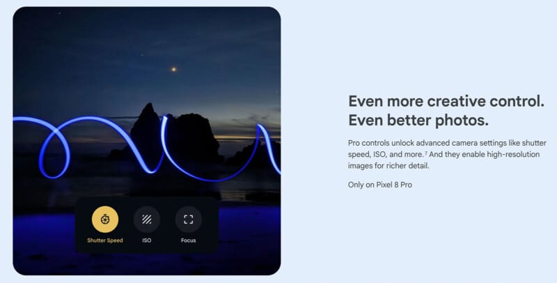 A Pixel 8 Pro promotional image showcasing advanced camera controls. The background features a nighttime beach scene with light trails and rocks silhouetted against the sky. The camera controls for Shutter Speed, ISO, and Focus are highlighted. Text states enhanced photo quality.