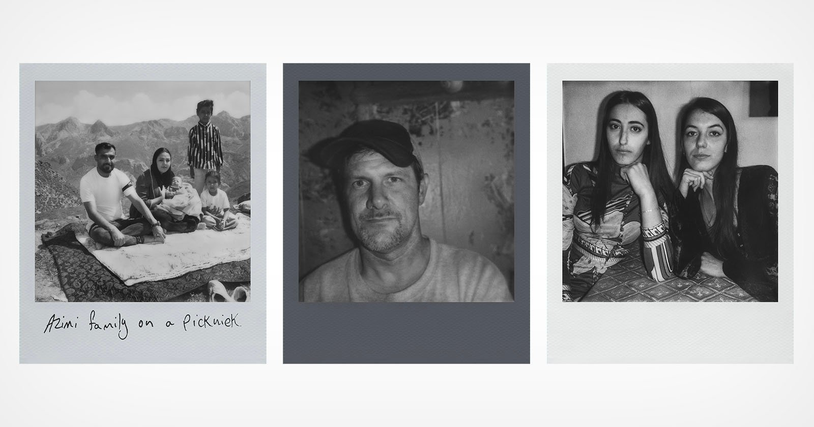 A tryptich photograph: on the left, a family having a picnic in the mountains; in the center, a man in a cap posing for a portrait; on the right, two women seated at a table, looking at the camera. The caption under the left image reads "Men family on a picknick.