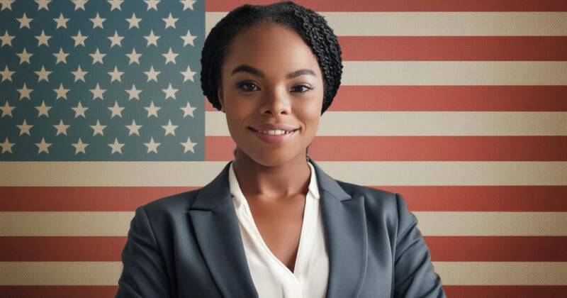 A woman in a dark blazer and white blouse stands confidently with arms crossed in front of a large United States flag. She has braided hair styled up and smiles directly at the camera.