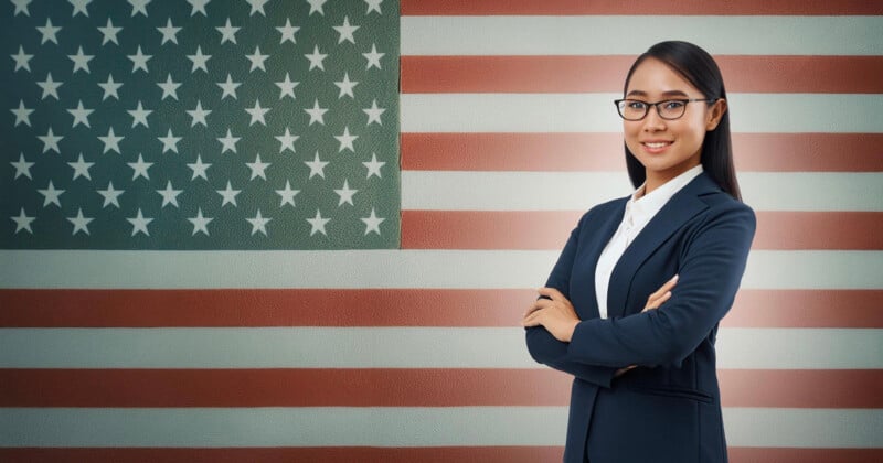 A woman with long dark hair, wearing glasses and a dark formal suit, stands confidently with her arms crossed in front of an American flag backdrop.