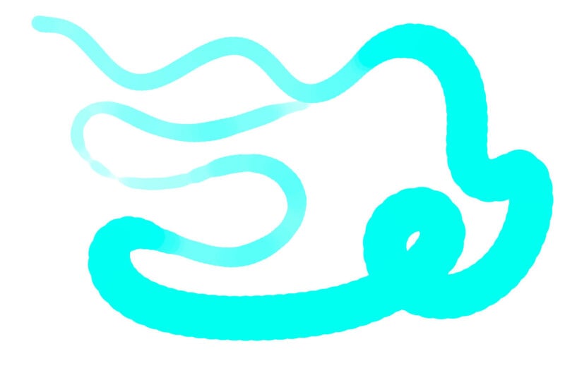A stylized, abstract illustration featuring a bright blue, flowing, ribbon-like shape on a white background. The shape loops intricately, suggesting fluid motion and dynamic energy.